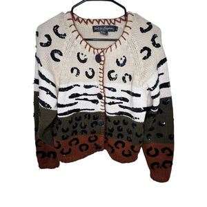 Work In Progress Vintage Sequin Color Block Animal Print Cardigan Sweater